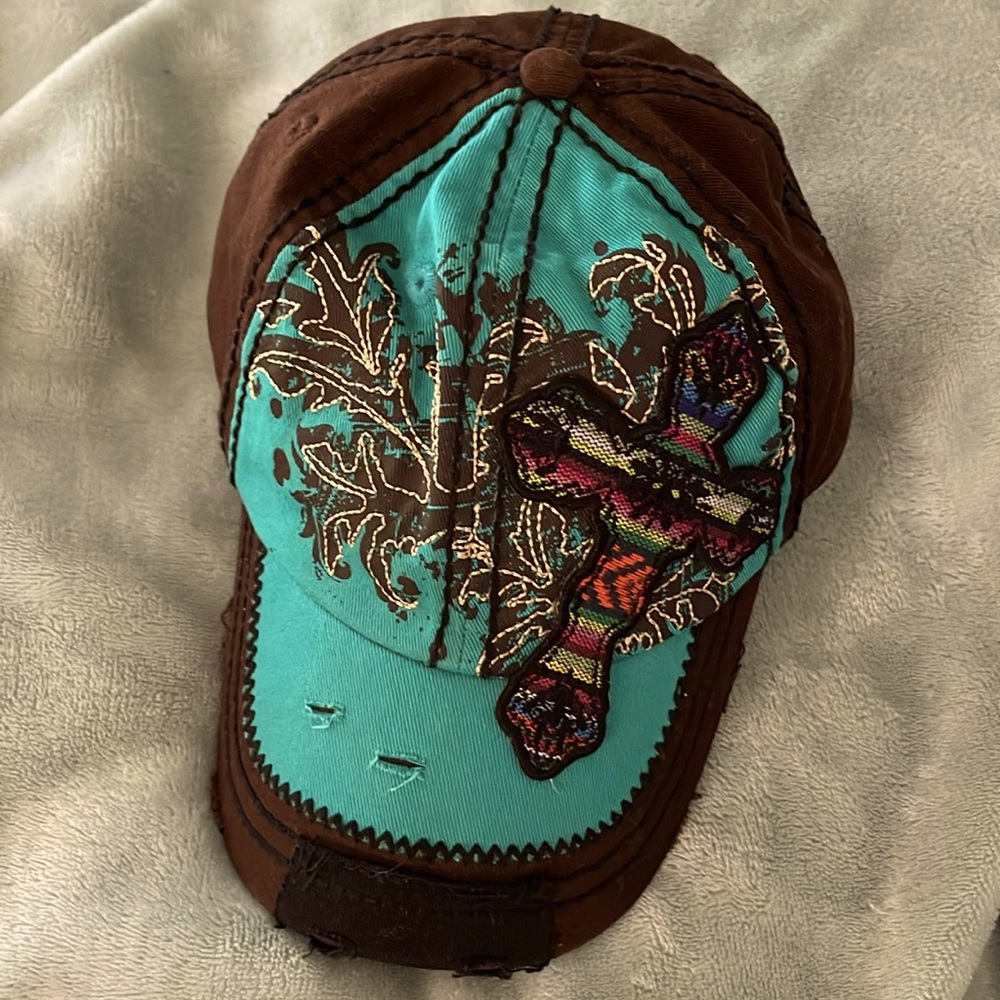 Way West western hat brown with turquoise inset/ cross on right side